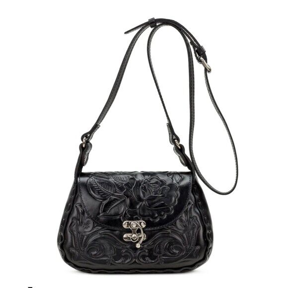 Patricia Nash Black Embossed Rose Tooled Leather Shoulder Handbag Lucia - Picture 1 of 12